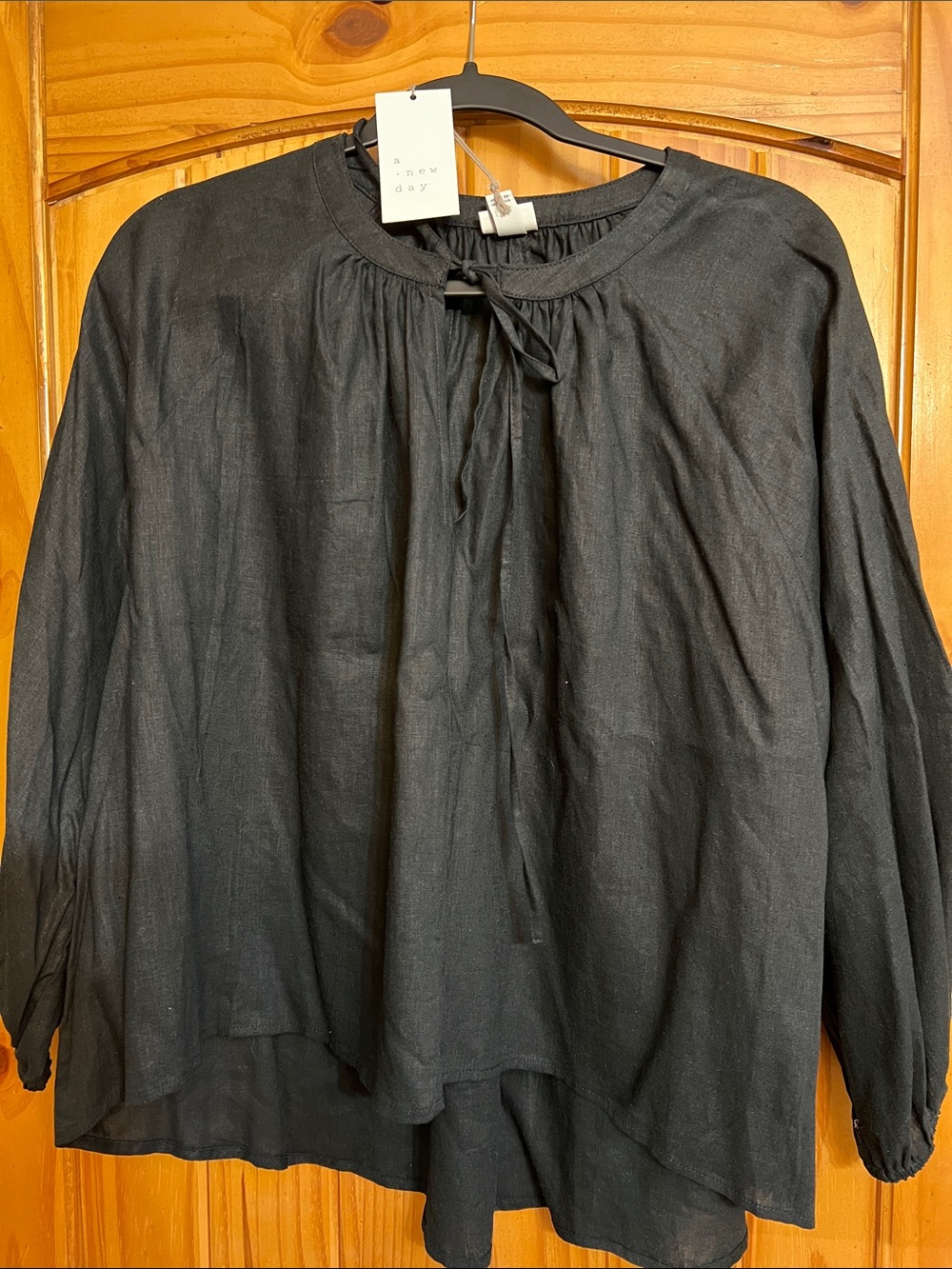 a new day Black Peasant Tunic Top with Tie Neck